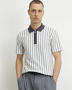 White Muscle Fit Stripe Textured Polo Shirt