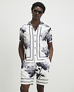 White Floral Print Shirt & Short Set