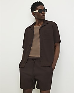 Brown Regular Fit Textured Shirt & Short Set