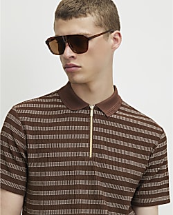 Brown Muscle Fit Stripe Textured Polo Shirt
