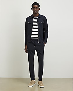 Navy Slim Fit Pique Shacket And Joggers Set