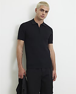 Black Muscle Fit Hexogen Textured Polo Shirt