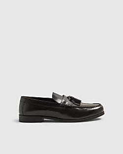 Brown Leather Textured Tassel Loafers