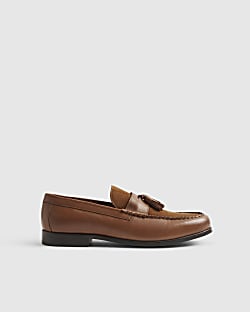 Brown Leather Textured Tassel Loafers