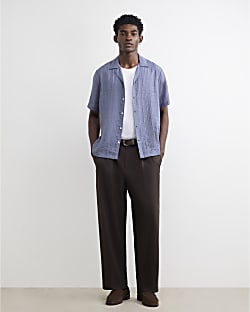 Blue Cotton Blend Short Sleeve Shirt