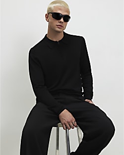 Black Slim Fit Long Sleeve Polo Shirt