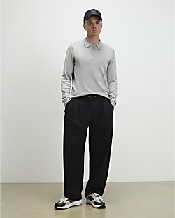 Grey Slim Fit Long Sleeve Polo Shirt