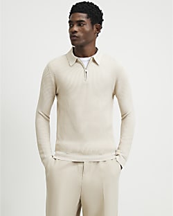 Beige Muscle Fit Textured Polo Shirt