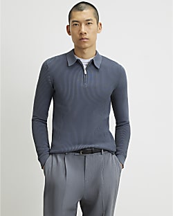 Grey Muscle Fit Textured Polo Shirt