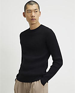 Black Slim Fit Cotton Waffle Knitted Jumper