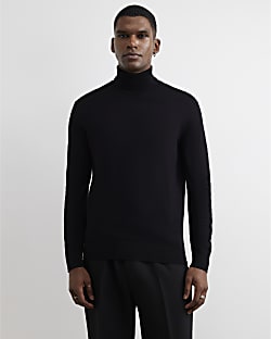 Black Slim Fit Cotton Roll Neck Jumper