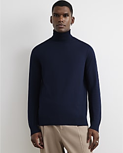 Navy Slim Fit Cotton Roll Neck Jumper