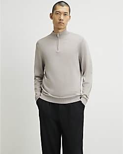 Beige Slim Fit Half Zip Jumper