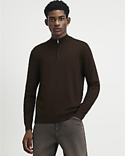 Brown Slim Fit Half Zip Jumper
