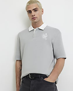 Grey Cotton Knitted Rugby Shirt