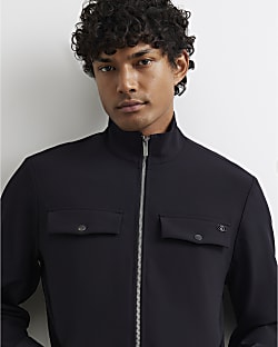 Black Slim Fit Funnel Neck Long Sleeve Jacket