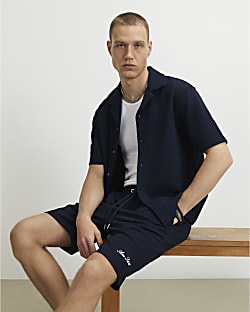 Navy Slim Fit Textured Shorts