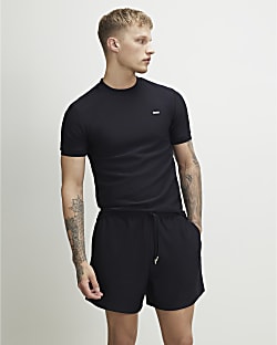 Navy Muscle Fit Cotton Textured T-Shirt