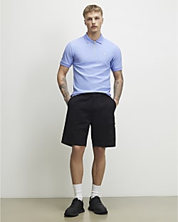Blue Muscle Fit Quarter Zipped Polo Shirt