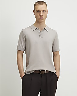 Grey Slim Fit Knitted Polo Shirt