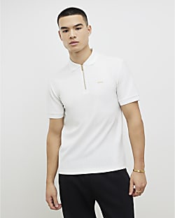 White Muscle Fit Textured Zip Polo Shirt