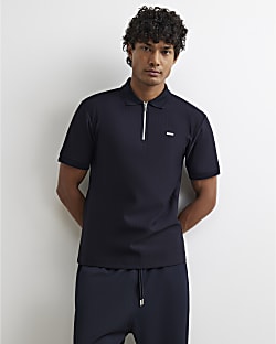 Navy Muscle Fit Textured Zip Polo Shirt