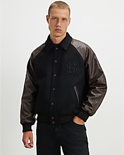 Black Faux Leather Varsity Bomber Jacket