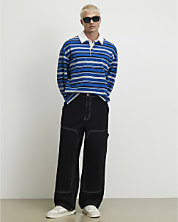 Blue Oversized Fit Cotton Striped Polo Shirt