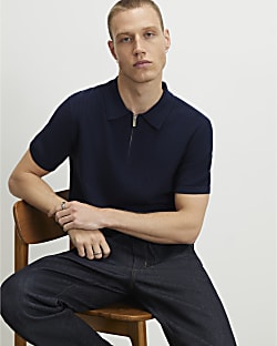Navy Slim Fit Short Sleeve Waffle Knit Polo