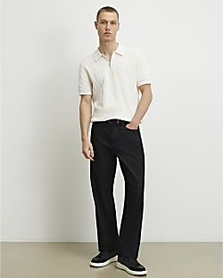 Cream Waffle Knit Short Sleeve Polo Shirt