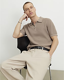 Beige Waffle Knit Short Sleeve Polo Shirt