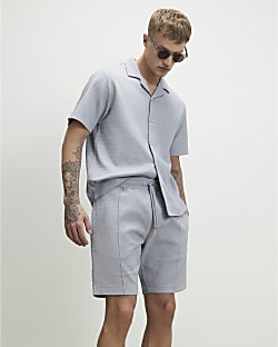 Blue Slim Fit Jacquard Textured Shorts