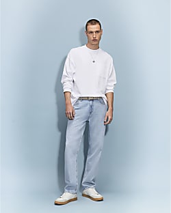 Blue Straight Leg Linen Blend Jeans