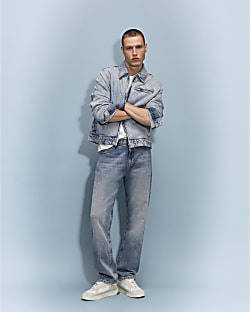 Blue Straight Leg Linen Blend Jeans