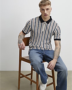Blue Slim Fit Zip Neck Stripe Polo Shirt