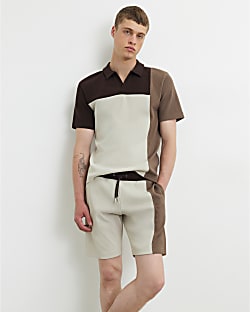 Brown Slim Fit Colour Block Shorts