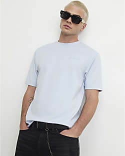 Blue Slim Fit Bonded Embroidered T-Shirt