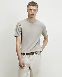 Beige Slim Fit Midweight V Neck T-Shirt