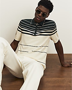 Green Slim Fit Stripe Knitted Polo Shirt