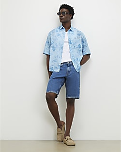 Blue Short Sleeve Floral Printed Shirt