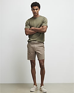 Beige Slim Fit Belted Chino Shorts