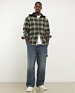 Green Regular Fit Check Hooded Shirt