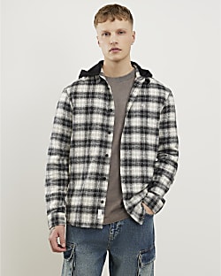 White Regular Fit Check Hooded Shirt