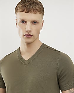 Khaki Slim Fit V Neck Knitted T-Shirt