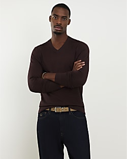 Red Slim Fit V Neck Knitted Jumper