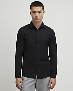 Black Muscle Fit Pique Long Sleeve Shirt