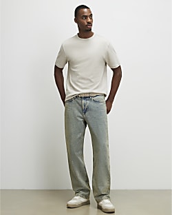 Blue Baggy Fit Embroidered Pocket Jeans