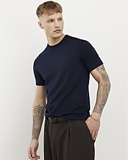 Navy Slim Fit Knitted T-Shirt