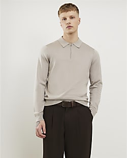 Beige Slim Fit Zip Polo Jumper
