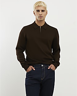 Brown Slim Fit Quarter Zip Polo Jumper